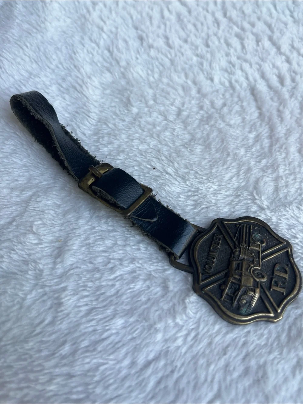 Vintage Volunteer FD Firefighter Keychain Tag - Black Strapped